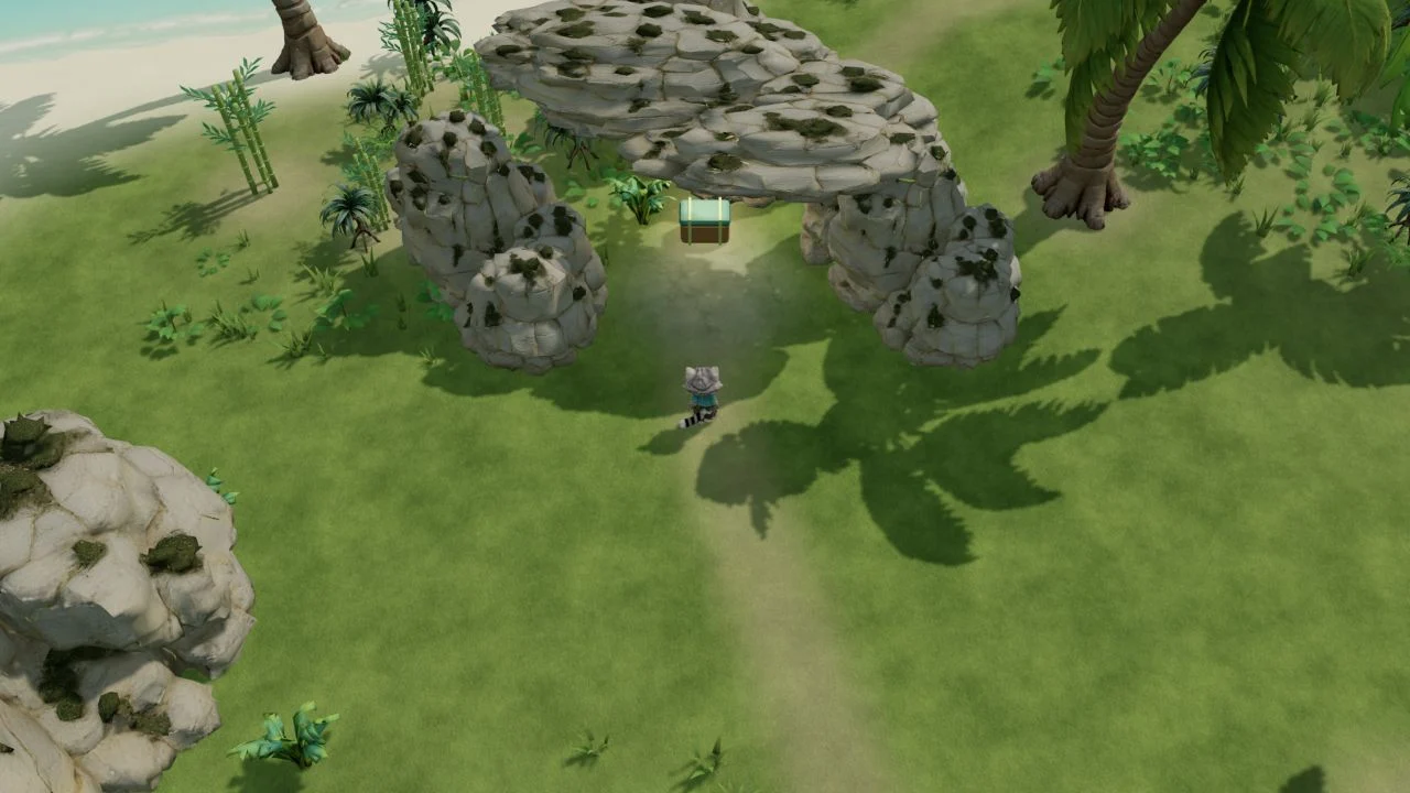 The grotto entrance on Amber Bay, captured in the development build