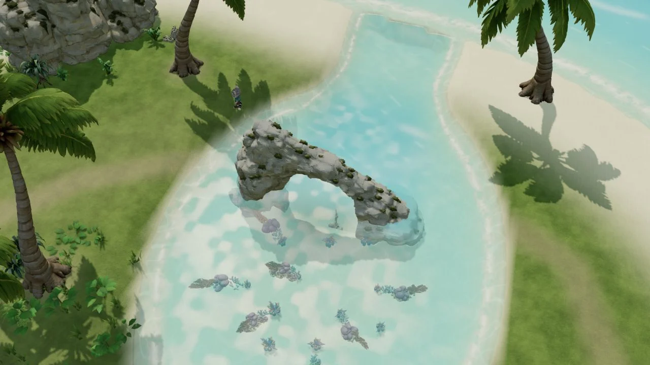 The limestone arch above Amber Bay’s turquoise lagoon, captured in the game engine